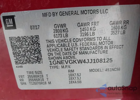 2018 Chevrolet Traverse 1Lt from USA, damaged, VIN 1GNEVGKW4JJ108125